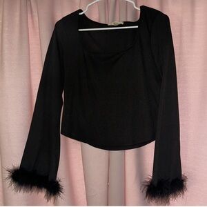 Ribbed Black long sleeve top with fluffy feather cuffs